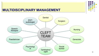 64
CLEFT
TEAM
MULTIDISCIPLINARY MANAGEMENT
Dentist
Surgeon
Nursing
Genecists
Social
worker
Ophthalmol
ogist
Psychologi
st
Speech
therapist
Paediatrician
ENT/
audiologist
 