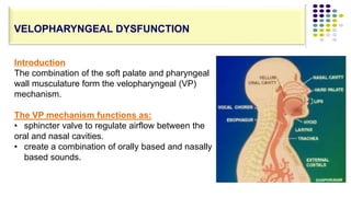 Introduction
The combination of the soft palate and pharyngeal
wall musculature form the velopharyngeal (VP)
mechanism.
The VP mechanism functions as:
• sphincter valve to regulate airflow between the
oral and nasal cavities.
• create a combination of orally based and nasally
based sounds.
VELOPHARYNGEAL DYSFUNCTION
 