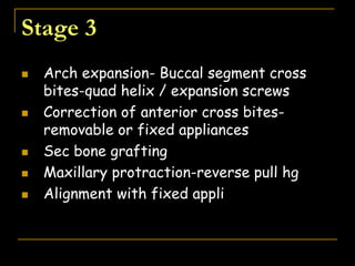 Stage 3
 Arch expansion- Buccal segment cross
bites-quad helix / expansion screws
 Correction of anterior cross bites-
removable or fixed appliances
 Sec bone grafting
 Maxillary protraction-reverse pull hg
 Alignment with fixed appli
 