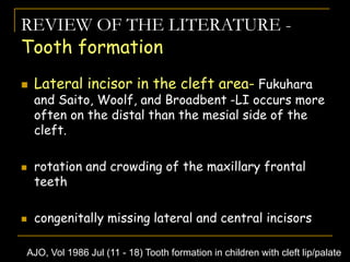 REVIEW OF THE LITERATURE -
Tooth formation
 Lateral incisor in the cleft area- Fukuhara
and Saito, Woolf, and Broadbent -LI occurs more
often on the distal than the mesial side of the
cleft.
 rotation and crowding of the maxillary frontal
teeth
 congenitally missing lateral and central incisors
AJO, Vol 1986 Jul (11 - 18) Tooth formation in children with cleft lip/palate
 