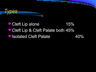 Types
Cleft Lip alone 15%
Cleft Lip & Cleft Palate both 45%
Isolated Cleft Palate 40%
 