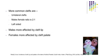 • More common clefts are –
• Unilateral clefts
• Males female ratio is 2:1
• Left sided
• Males more affected by cleft lip
• Females more affected by cleft palate
10
Reddy S et al. Incidence of cleft Lip and palate in the state of Andhra Pradesh, South India. Indian J Plast Surg. 2010 Jul-Dec; 43(2): 184–189.
 