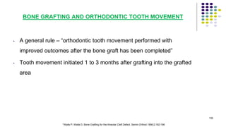 BONE GRAFTING AND ORTHODONTIC TOOTH MOVEMENT
• A general rule – “orthodontic tooth movement performed with
improved outcomes after the bone graft has been completed”
• Tooth movement initiated 1 to 3 months after grafting into the grafted
area
106
*Waite P, Waite D. Bone Grafting for the Alveolar Cleft Defect. Semin Orthod 1996;2:192-196
 