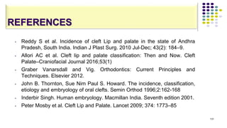 REFERENCES
• Reddy S et al. Incidence of cleft Lip and palate in the state of Andhra
Pradesh, South India. Indian J Plast Surg. 2010 Jul-Dec; 43(2): 184–9.
• Allori AC et al. Cleft lip and palate classification: Then and Now. Cleft
Palate–Craniofacial Journal 2016;53(1)
• Graber Vanarsdall and Vig. Orthodontics: Current Principles and
Techniques. Elsevier 2012.
• John B. Thornton, Sue Nim Paul S. Howard. The incidence, classification,
etiology and embryology of oral clefts. Semin Orthod 1996;2:162-168
• Inderbir Singh. Human embryology. Macmillan India. Seventh edition 2001.
• Peter Mosby et al. Cleft Lip and Palate. Lancet 2009; 374: 1773–85
131
 