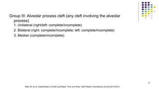 Group III: Alveolar process cleft (any cleft involving the alveolar
process)
1. Unilateral (right/left: complete/incomplete)
2. Bilateral (right: complete/incomplete; left: complete/incomplete)
3. Median (complete/incomplete)
33
Allori AC et al. Classification of Cleft Lip/Palate: Then and Now. Cleft Palate–Craniofacial Journal 2016;53(1)
 