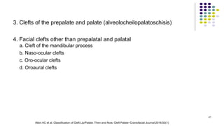 3. Clefts of the prepalate and palate (alveolocheilopalatoschisis)
4. Facial clefts other than prepalatal and palatal
a. Cleft of the mandibular process
b. Naso-ocular clefts
c. Oro-ocular clefts
d. Oroaural clefts
41
Allori AC et al. Classification of Cleft Lip/Palate: Then and Now. Cleft Palate–Craniofacial Journal 2016;53(1)
 
