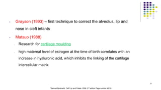 • Grayson (1993) – first technique to correct the alveolus, lip and
nose in cleft infants
• Matsuo (1988)
- Research for cartilage moulding
- high maternal level of estrogen at the time of birth correlates with an
increase in hyaluronic acid, which inhibits the linking of the cartilage
intercellular matrix
77
*Samuel Berkowitz. Celft Lip and Palate. 2006. 2nd edition Page number 451-8.
 