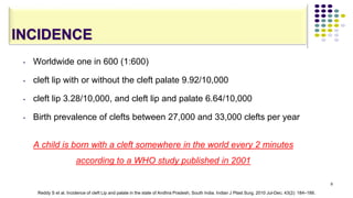 INCIDENCE
• Worldwide one in 600 (1:600)
• cleft lip with or without the cleft palate 9.92/10,000
• cleft lip 3.28/10,000, and cleft lip and palate 6.64/10,000
• Birth prevalence of clefts between 27,000 and 33,000 clefts per year
A child is born with a cleft somewhere in the world every 2 minutes
according to a WHO study published in 2001
Reddy S et al. Incidence of cleft Lip and palate in the state of Andhra Pradesh, South India. Indian J Plast Surg. 2010 Jul-Dec; 43(2): 184–189.
8
 