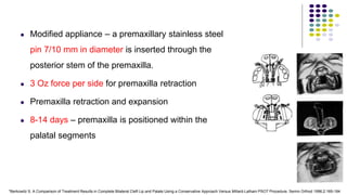 94
 Modified appliance – a premaxillary stainless steel
pin 7/10 mm in diameter is inserted through the
posterior stem of the premaxilla.
 3 Oz force per side for premaxilla retraction
 Premaxilla retraction and expansion
 8-14 days – premaxilla is positioned within the
palatal segments
*Berkowitz S. A Comparison of Treatment Results in Complete Bilateral Cleft Lip and Palate Using a Conservative Approach Versus Millard-Latham PSOT Procedure. Semin Orthod 1996;2:169-184
 