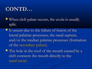 CONTD…
   When cleft palate occurs, the uvula is usually
    split.
   It occurs due to the failure of fusion of the
    lateral palatine processes, the nasal septum,
    and/or the median palatine processes (formation
    of the secondary palate).
   The hole in the roof of the mouth caused by a
    cleft connects the mouth directly to the 
    nasal cavity.
 