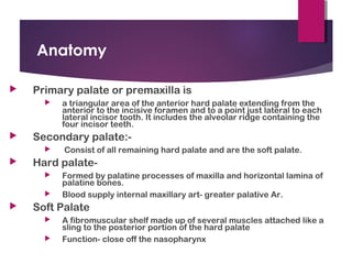 Anatomy
 Primary palate or premaxilla is
 a triangular area of the anterior hard palate extending from the
anterior to the incisive foramen and to a point just lateral to each
lateral incisor tooth. It includes the alveolar ridge containing the
four incisor teeth.
 Secondary palate:-
 Consist of all remaining hard palate and are the soft palate.
 Hard palate-
 Formed by palatine processes of maxilla and horizontal lamina of
palatine bones.
 Blood supply internal maxillary art- greater palative Ar.
 Soft Palate
 A fibromuscular shelf made up of several muscles attached like a
sling to the posterior portion of the hard palate
 Function- close off the nasopharynx
 