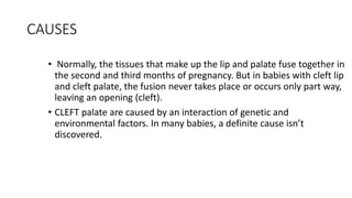 CAUSES
• Normally, the tissues that make up the lip and palate fuse together in
the second and third months of pregnancy. But in babies with cleft lip
and cleft palate, the fusion never takes place or occurs only part way,
leaving an opening (cleft).
• CLEFT palate are caused by an interaction of genetic and
environmental factors. In many babies, a definite cause isn’t
discovered.
 