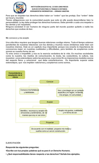 INSTITUCIÓN EDUCATIVA No. 15 SEDE LOMA FRESCA
GUÍA DE ESTUDIO PARA EL TRABAJO A DISTANCIA
HERRAMIENTAS INFORMÀTICAS – JORNADA SABATINA
Para que se respeten tus derechos debe haber un “orden” que los proteja. Ese “orden” debe
ser local y mundial.
Tienes obligaciones con la comunidad puesto que solo en ella puede desarrollarse bien tu
personalidad. La ley debe proteger los derechos humanos. Debe permitir a cada uno respetar a
los demás y ser respetado.
Ninguna sociedad ni ser humano de ninguna parte del mundo pueden quitarle a nadie los
derechos que acabas de leer.
Me conozco y me acepto
Una vida ética requiere que tengas buenas relaciones contigo mismo. Todo el tiempo estamos
pendientes de nuestras relaciones con los demás y muchas veces olvidamos estar bien con
nosotros mismos. Este es un capítulo muy importante porque nos enseña la importancia de
conocernos mejor en nuestras cualidades y dificultades, pero también de aceptarnos como
somos en nuestra forma de ser.
Tú eres único e irrepetible y esa es la esencia verdadera de la vida. En muchas sociedades
como la nuestra, los medios de comunicación, la moda, las costumbres, la cultura, nos
muestran unos estereotipos sobre las personas, cuyo único fin es imponernos modelos acerca
del aspecto físico y emocional que debe caracterizarnos. Es importante superar estos
estereotipos, que nos impiden valorarnos y aceptarnos como somos.
EJERCITACIÒN
Responde las siguientes preguntas:
•Escribe con tus propias palabras qué es para ti un Derecho Humano.
• ¿Qué responsabilidades tienes respecto a tus derechos? Señala tres ejemplos.
Conocimiento y
aceptación de sí
mismo
Conozco mis fortalezas
y debilidades.
Identifico, reconozco y acepto mis
emociones y sentimientos, de tal
manera que soy un ser único.
Acepto mis gustos, cualidades
y mi forma de ser.
De acuerdo con mi realidad, proyecto mis metas y
sueños como un ser en construcción.
Proyectar
Vivo y me integro en un contexto
específico (mi región, mi familia,
mis amigos, mi comunidad).
Aceptar
Conocer
 
