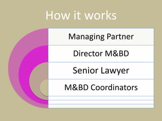 How it works
   Managing Partner
     Director M&BD
    Senior Lawyer
   M&BD Coordinators
 