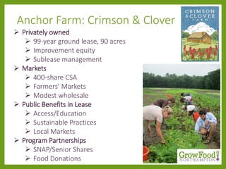 Anchor Farm: Crimson & Clover
 Privately owned
 99-year ground lease, 90 acres
 Improvement equity
 Sublease management
 Markets
 400-share CSA
 Farmers’ Markets
 Modest wholesale
 Public Benefits in Lease
 Access/Education
 Sustainable Practices
 Local Markets
 Program Partnerships
 SNAP/Senior Shares
 Food Donations
 