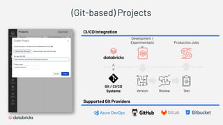 (Git-based) Projects
Version Review Test
Development /
Experimentatio
n
Production Jobs
Git / CI/CD
Systems
CI/CD Integration
▲
▼
Supported Git Providers
 