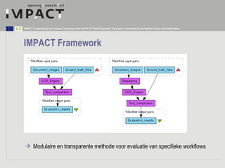 IMPACT Framework <ul><li>Modulaire en transparente methode voor evaluatie van specifieke workflows </li></ul>