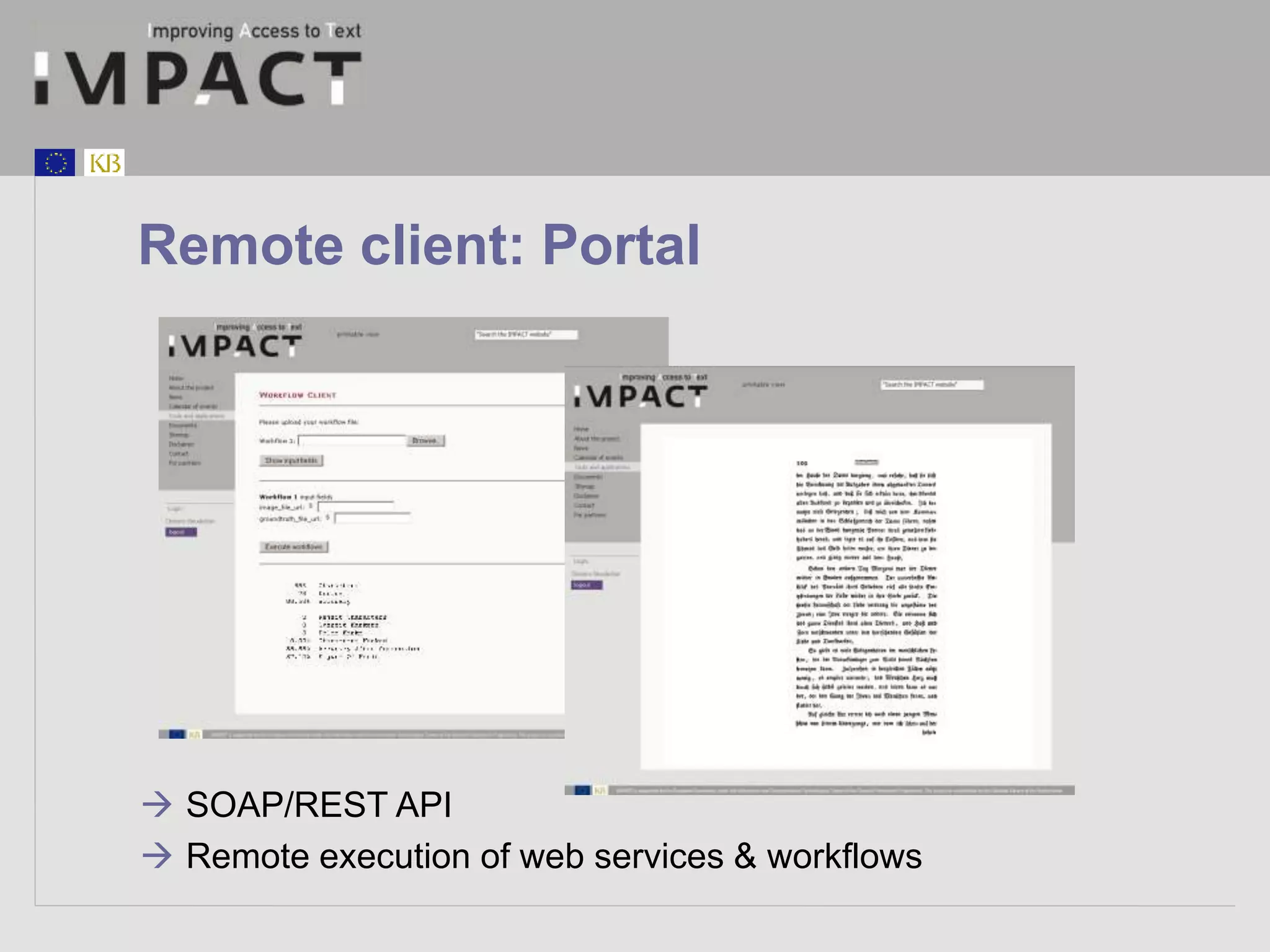 Remote client: Portal 
 SOAP/REST API 
 Remote execution of web services & workflows 
 