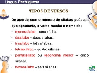 TIPOS DE VERSOS:
De acordo com o número de sílabas poéticas
que apresenta, o verso recebe o nome de:
✔

monossílabo – uma sílaba.

✔

dissílabo – duas sílabas.

✔

trissílabo – três sílabas.

✔

tetrassílabo – quatro sílabas.

✔

pentassílabo ou redondilha menor – cinco
sílabas.

✔

hexassílabo – seis sílabas.

 