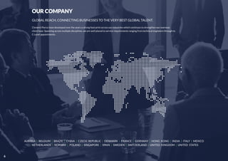 6
OUR COMPANY
GLOBAL REACH, CONNECTING BUSINESSES TO THE VERY BEST GLOBAL TALENT.
Clement Pierce have developed over the years a strong foot print across our industries which continues to strengthen our overseas
client base. Spanning across multiple disciplines, we are well placed to service requirements ranging from technical engineers through to
C-Level appointments.
AUSTRIA BELGIUM BRAZIL CHINA CZECH REPUBLIC DENMARK FRANCE GERMANY HONG KONG INDIA ITALY MEXICO| | | | | | | | | | |
| | | | | | | | |NETHERLANDS NORWAY POLAND SINGAPORE SPAIN SWEDEN SWITZERLAND UNITED KINGDOM UNITED STATES
 