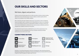 7
OUR SKILLS AND SECTORS
We listen, digest and perform.
Using our proven and unique approach we are able to provide our clients an industry leading,
high priority service, allocating exclusive resource enables us to deliver quickly with the
support of our database of over 40,000 candidates.
After conducting a thorough candidate market search, we provide our clients a handpicked
long list and together agree a candidate short list. Being ﬂexible yet robust, we are adaptable
to our clients bespoke requirements, through detailed candidate screening we minimise the
risk of a hire by identifying the candidates previous career successes, motivations and drivers
alongside their suitability and interest in the position.
Our professional network has been established from years of drive and persistence to be
recognised as one of the leading global search ﬁrms, through consistently providing a
distinguished service that has set us apart.
CLEMENT PIERCE SECTORS:
Truck & Bus
Defence
Automotive &
Motorsport
Aerospace
Off-Highway &
Agricultural
Engineering &
Manufacturing
Building Services
Disciplines: C-Level/ Board Management, Directors & Management. Sales, Marketing & Business
Development, Supply Chain & Operations, Finance & Human Resources, Commercial & Procurement,
Programs & Project Management, Engineering & Technical
Oil & Gas
Energy
 