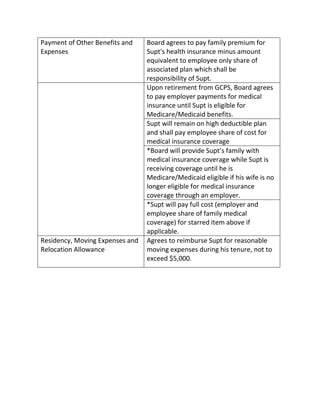 Payment of Other Benefits and
Expenses
Board agrees to pay family premium for
Supt's health insurance minus amount
equivalent to employee only share of
associated plan which shall be
responsibility of Supt.
Upon retirement from GCPS, Board agrees
to pay employer payments for medical
insurance until Supt is eligible for
Medicare/Medicaid benefits.
Supt will remain on high deductible plan
and shall pay employee share of cost for
medical insurance coverage
*Board will provide Supt’s family with
medical insurance coverage while Supt is
receiving coverage until he is
Medicare/Medicaid eligible if his wife is no
longer eligible for medical insurance
coverage through an employer.
*Supt will pay full cost (employer and
employee share of family medical
coverage) for starred item above if
applicable.
Residency, Moving Expenses and
Relocation Allowance
Agrees to reimburse Supt for reasonable
moving expenses during his tenure, not to
exceed $5,000.
 