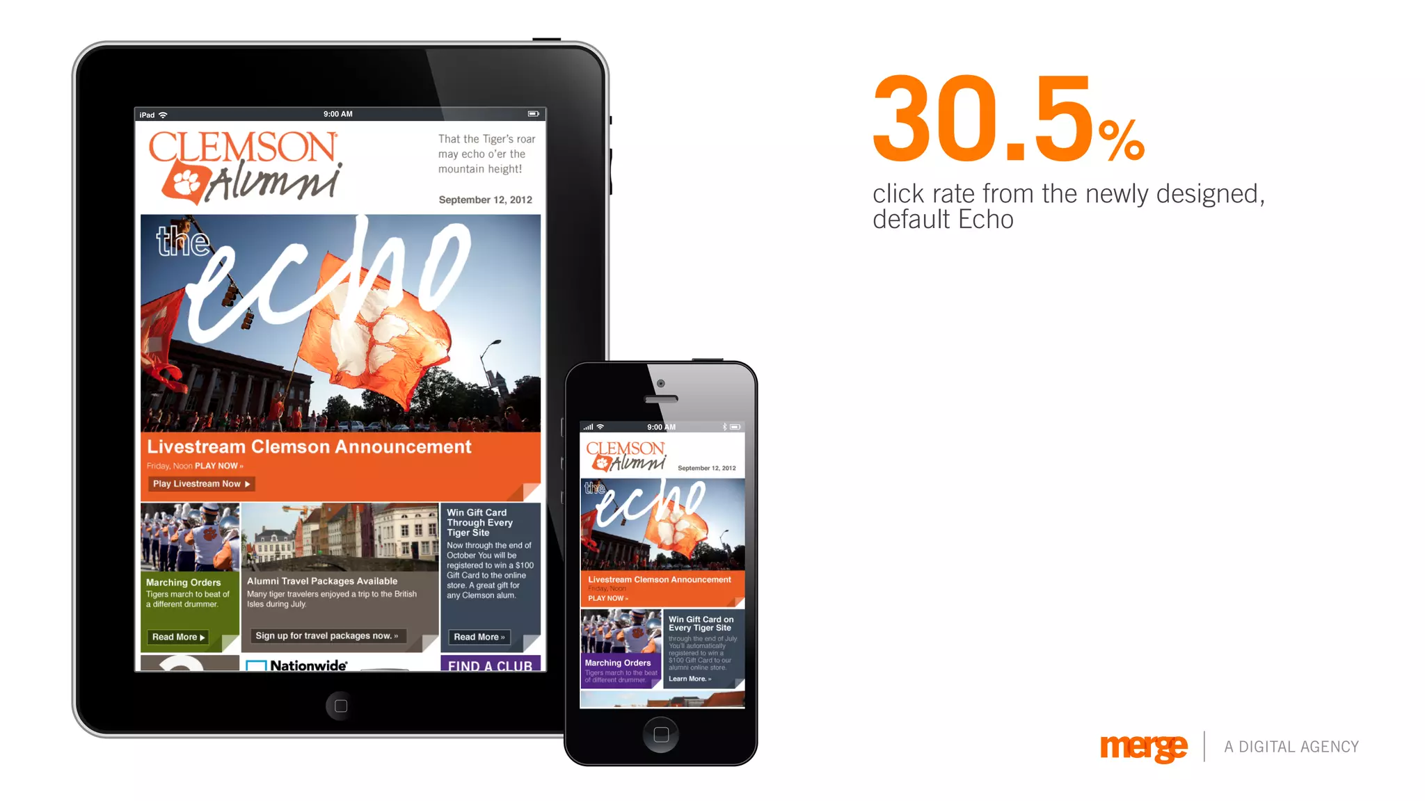 iPad




       30.5%
       click rate from the newly designed,
       default Echo




                                                         2


                                      A DIGITAL AGENCY
 