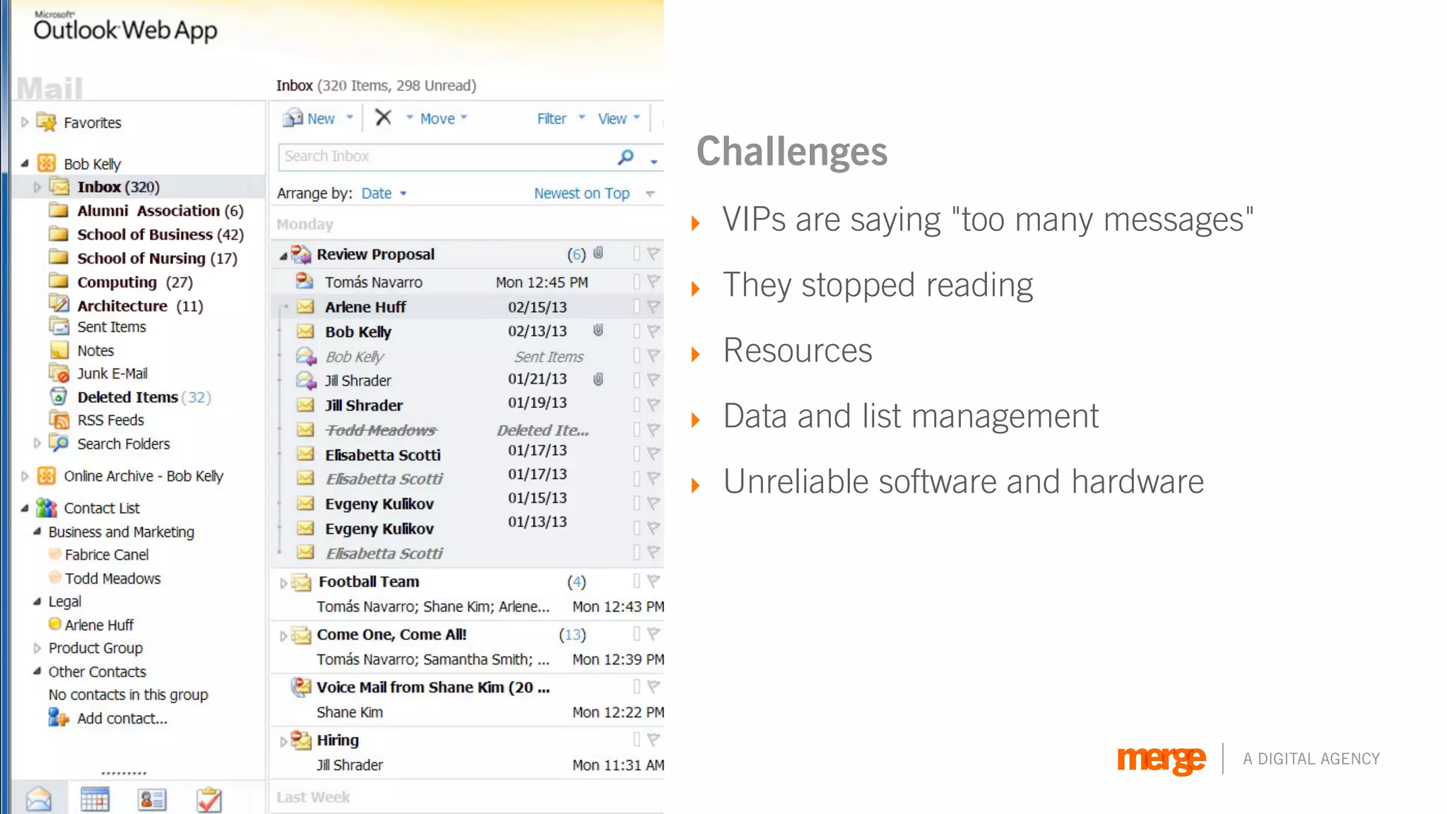 Challenges
‣ VIPs are saying "too many messages"

‣ They stopped reading

‣ Resources

‣ Data and list management

‣ Unreliable software and hardware




                                     A DIGITAL AGENCY
 