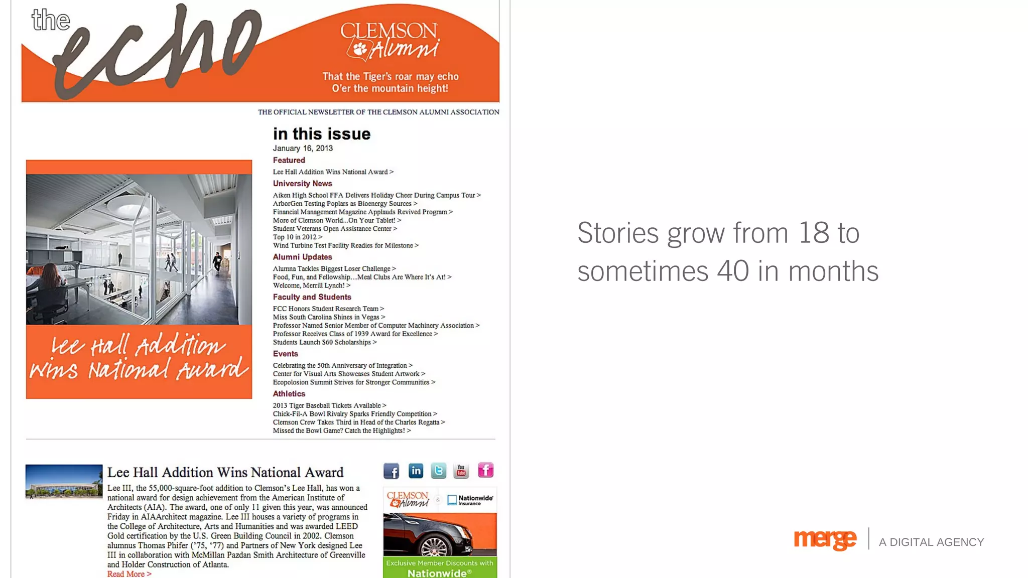 Stories grow from 18 to
sometimes 40 in months




                      A DIGITAL AGENCY
 