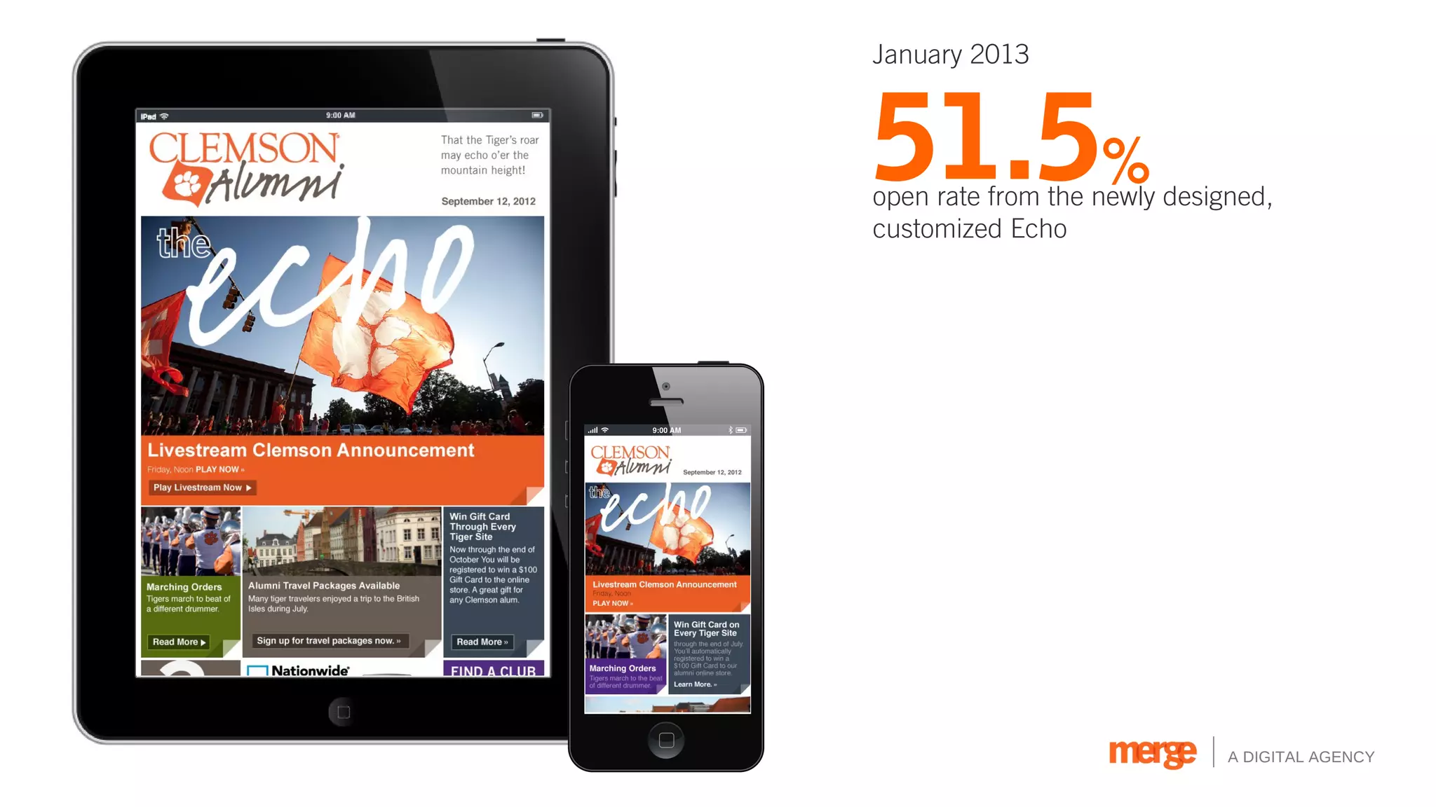 January 2013



51.5%
open rate from the newly designed,
customized Echo




                              A DIGITAL AGENCY
 