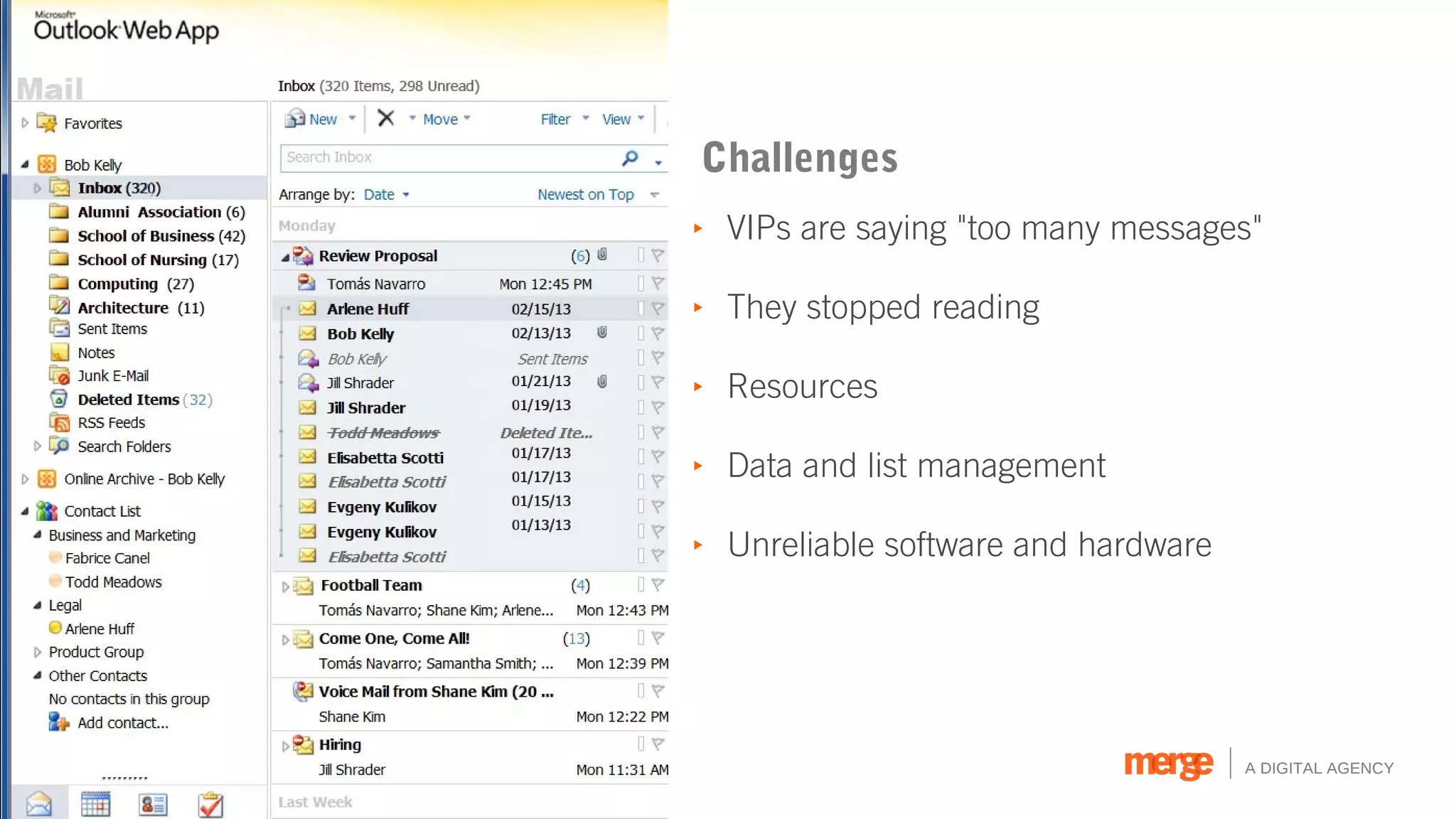 Challenges
‣ VIPs are saying "too many messages"

‣ They stopped reading

‣ Resources

‣ Data and list management

‣ Unreliable software and hardware




                                     A DIGITAL AGENCY
 