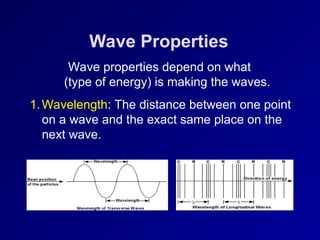 Wave Properties
Wave properties depend on what
(type of energy) is making the waves.
1.Wavelength: The distance between one point
on a wave and the exact same place on the
next wave.
 