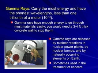 Gamma Rays
Gamma Rays: Carry the most energy and have
: Carry the most energy and have
the shortest wavelengths, less than one
the shortest wavelengths, less than one
trillionth of a meter (10
trillionth of a meter (10-12
-12
).
).
Gamma rays have enough energy to go through
Gamma rays have enough energy to go through
most materials easily; you would need a 3-4 ft thick
most materials easily; you would need a 3-4 ft thick
concrete wall to stop them!
concrete wall to stop them!
Gamma rays are released
Gamma rays are released
by nuclear reactions in
by nuclear reactions in
nuclear power plants, by
nuclear power plants, by
nuclear bombs, and by
nuclear bombs, and by
naturally occurring
naturally occurring
elements on Earth.
elements on Earth.
Sometimes used in the
Sometimes used in the
treatment of cancers.
treatment of cancers.
 