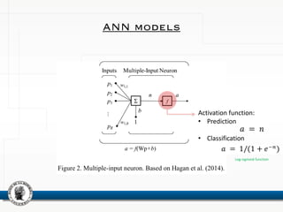 ANN models
Activation function:
• Prediction
• Classification
Log-sigmoid function
 