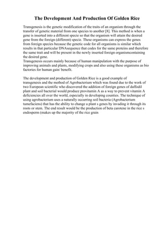 The Development And Production Of Golden Rice
Transgenesis is the genetic modification of the traits of an organism through the
transfer of genetic material from one species to another [8]. This method is when a
gene is inserted into a different specie so that the organism will attain the desired
gene from the foreign (different) specie. These organisms can express the genes
from foreign species because the genetic code for all organisms is similar which
results in that particular DNAsequence that codes for the same proteins and therefore
the same trait and will be present in the newly inserted foreign organismcontaining
the desired gene.
Transgenesis occurs mainly because of human manipulation with the purpose of
improving animals and plants, modifying crops and also using these organisms as bio
factories for human gain/ benefit.
The development and production of Golden Rice is a good example of
transgenesis and the method of Agrobacterium which was found due to the work of
two European scientific who discovered the addition of foreign genes of daffodil
plant and soil bacterial would produce provitamin A as a way to prevent vitamin A
deficiencies all over the world, especially in developing counties. The technique of
using agrobacterium uses a naturally occurring soil bacteria (Agrobacterium
tumefaciens) that has the ability to change a plant s genes by invading it through its
roots or stem. The end result would be the production of beta carotene in the rice s
endosperm (makes up the majority of the rice grain
 
