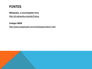 FONTES
Wikipedia, a enciclopédia livre.
http://pt.wikipedia.org/wiki/Colera


Colégio WEB
http://www.colegioweb.com.br/biologia/colera1.html
 