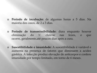  Período de incubação: de algumas horas a 5 dias. Na
maioria dos casos, de 2 a 3 dias.
 Período de transmissibilidade: dura enquanto houver
eliminação do V. cholerae nas fezes, o que
ocorre, geralmente,até poucos dias após a cura.
 Suscetibilidade e imunidade: A suscetibilidade é variável e
aumenta na presença de fatores que diminuem a acidez
gástrica. A infecção produz elevação de anticorpos e confere
imunidade por tempo limitado, em torno de 6 meses.
 