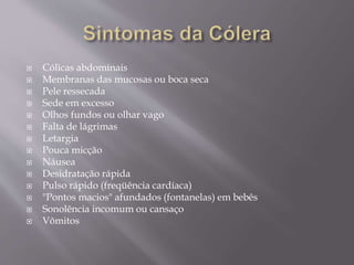  Cólicas abdominais 
 Membranas das mucosas ou boca seca 
 Pele ressecada 
 Sede em excesso 
 Olhos fundos ou olhar vago 
 Falta de lágrimas 
 Letargia 
 Pouca micção 
 Náusea 
 Desidratação rápida 
 Pulso rápido (freqüência cardíaca) 
 "Pontos macios" afundados (fontanelas) em bebês 
 Sonolência incomum ou cansaço 
 Vômitos 
 