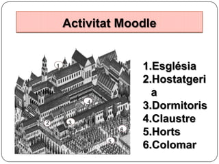 Activitat Moodle

1

4

2

3
6
5

1.Església
2.Hostatgeri
a
3.Dormitoris
4.Claustre
5.Horts
6.Colomar

 
