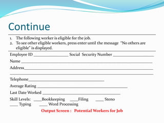 Continue
1. The following worker is eligible for the job.
2. To see other eligible workers, press enter until the message “No others are
eligible” is displayed.
Employee ID _________________ Social Security Number ____________________
Name ________________________________________________________________
Address_______________________________________________________________
______________________________________________________________________
Telephone_____________________________________
Average Rating ____________________________________________
Last Date Worked ______________________________________
Skill Levels: ____Bookkeeping ____Filing ____ Steno
____ Typing ____ Word Processing
Output Screen : Potential Workers for Job
 