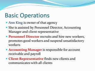 Basic Operations
 Ann King is owner of that agency
 She is assisted by Personnel Director, Accounting
Manager and client representative
 Personnel Director recruits and hire new workers,
promotes good workers and suspend unsatisfactory
workers
 Accounting Manager is responsible for account
receivable and payroll
 Client Representative finds new clients and
communicates with all clients
 