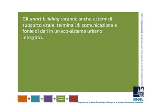 COMUNICAZIONE, QUALITA’ E  SVILUPPO NELLE CITTA’ INTELLIGENTI  BOLOGNAFIERE 31.10.2012
Gli smart building saranno anche sistemi di 
supporto vitale, terminali di comunicazione e 
fonte di dati in un eco‐sistema urbano 
integrato.




                          Agenzia per le Nuove Tecnologie, l’Energia e lo Sviluppo Economico Sostenibile
 