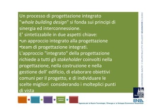 COMUNICAZIONE, QUALITA’ E  SVILUPPO NELLE CITTA’ INTELLIGENTI  BOLOGNAFIERE 31.10.2012
Un processo di progettazione integrato 
"whole building design" si fonda sui principi di 
sinergia ed interconnessione.
E’ sintetizzabile in due aspetti chiave: 
•un approccio integrato alla progettazione
•team di progettazione integrati. 
L'approccio "integrato" della progettazione 
richiede a tutti gli stakeholder coinvolti nella 
progettazione, nella costruzione e nella 
gestione dell’ edificio, di elaborare obiettivi 
comuni per il progetto, e di individuare le 
scelte migliori  considerando i molteplici punti 
di vista

                             Agenzia per le Nuove Tecnologie, l’Energia e lo Sviluppo Economico Sostenibile
 