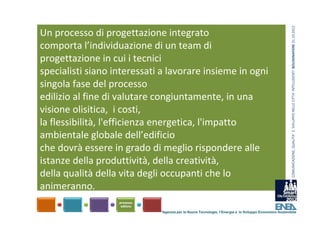 COMUNICAZIONE, QUALITA’ E  SVILUPPO NELLE CITTA’ INTELLIGENTI  BOLOGNAFIERE 31.10.2012
Un processo di progettazione integrato 
comporta l’individuazione di un team di 
progettazione in cui i tecnici 
specialisti siano interessati a lavorare insieme in ogni 
singola fase del processo 
edilizio al fine di valutare congiuntamente, in una 
visione olisitica,  i costi, 
la flessibilità, l'efficienza energetica, l'impatto 
ambientale globale dell’edificio 
che dovrà essere in grado di meglio rispondere alle 
istanze della produttività, della creatività, 
della qualità della vita degli occupanti che lo 
animeranno.

                              Agenzia per le Nuove Tecnologie, l’Energia e lo Sviluppo Economico Sostenibile
 