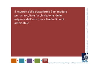 COMUNICAZIONE, QUALITA’ E  SVILUPPO NELLE CITTA’ INTELLIGENTI  BOLOGNAFIERE 31.10.2012
Il «cuore» della piattaforma è un modulo 
per la raccolta e l’archiviazione  delle 
esigenze dell’ end user a livello di unità
ambientale .




                          Agenzia per le Nuove Tecnologie, l’Energia e lo Sviluppo Economico Sostenibile
 