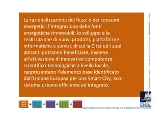 COMUNICAZIONE, QUALITA’ E  SVILUPPO NELLE CITTA’ INTELLIGENTI  BOLOGNAFIERE 31.10.2012
La razionalizzazione dei flussi e dei consumi 
energetici, l’integrazione delle fonti 
energetiche rinnovabili, lo sviluppo e la 
realizzazione di nuovi prodotti, piattaforme 
informatiche e servizi, di cui la Città ed i suoi 
abitanti potranno beneficiare, insieme 
all’attivazione di innovative competenze 
scientifico‐tecnologiche a livello locale, 
rappresentano l’elemento base identificato 
dall’Unione Europea per una Smart City, eco‐
sistema urbano efficiente ed integrato.



                             Agenzia per le Nuove Tecnologie, l’Energia e lo Sviluppo Economico Sostenibile
 