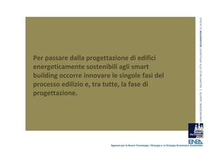 COMUNICAZIONE, QUALITA’ E  SVILUPPO NELLE CITTA’ INTELLIGENTI  BOLOGNAFIERE 31.10.2012
Per passare dalla progettazione di edifici 
energeticamente sostenibili agli smart 
building occorre innovare le singole fasi del 
processo edilizio e, tra tutte, la fase di 
progettazione.




                           Agenzia per le Nuove Tecnologie, l’Energia e lo Sviluppo Economico Sostenibile
 