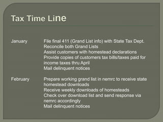 January File final 411 (Grand List info) with State Tax Dept. 
Reconcile both Grand Lists 
Assist customers with homestead declarations 
Provide copies of customers tax bills/taxes paid for 
income taxes thru April 
Mail delinquent notices 
February Prepare working grand list in nemrc to receive state 
homestead downloads 
Receive weekly downloads of homesteads 
Check over download list and send response via 
nemrc accordingly 
Mail delinquent notices 
 