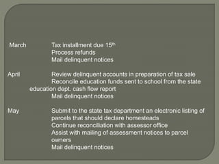 March Tax installment due 15th 
Process refunds 
Mail delinquent notices 
April Review delinquent accounts in preparation of tax sale 
Reconcile education funds sent to school from the state 
education dept. cash flow report 
Mail delinquent notices 
May Submit to the state tax department an electronic listing of 
parcels that should declare homesteads 
Continue reconciliation with assessor office 
Assist with mailing of assessment notices to parcel 
owners 
Mail delinquent notices 
 