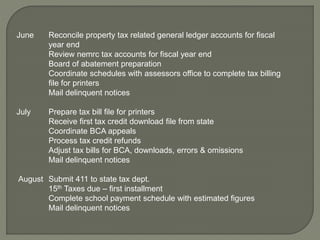 June Reconcile property tax related general ledger accounts for fiscal 
year end 
Review nemrc tax accounts for fiscal year end 
Board of abatement preparation 
Coordinate schedules with assessors office to complete tax billing 
file for printers 
Mail delinquent notices 
July Prepare tax bill file for printers 
Receive first tax credit download file from state 
Coordinate BCA appeals 
Process tax credit refunds 
Adjust tax bills for BCA, downloads, errors & omissions 
Mail delinquent notices 
August Submit 411 to state tax dept. 
15th Taxes due – first installment 
Complete school payment schedule with estimated figures 
Mail delinquent notices 
 